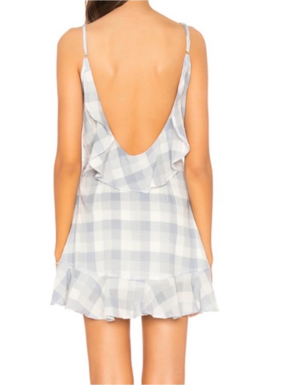 BRAND NEW Beach Riot Light Blue & White Gingham Ruffle Wrap Mini Dress - Picture 2 of 6